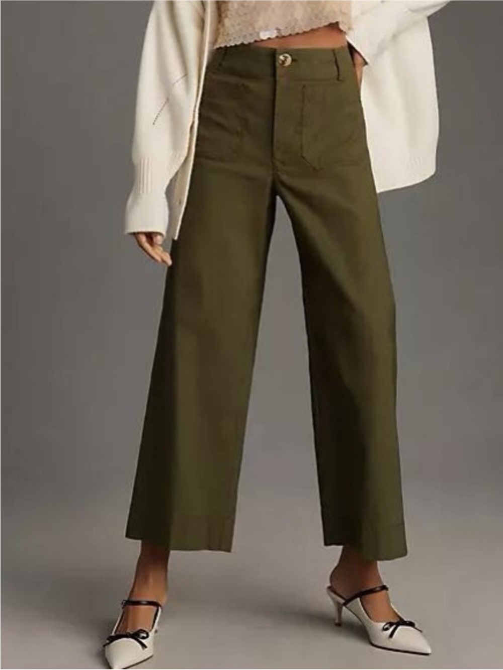 Anthropologie Maeve Colette Magic Fabric Cropped Wide Leg Pants Olive Green 30
